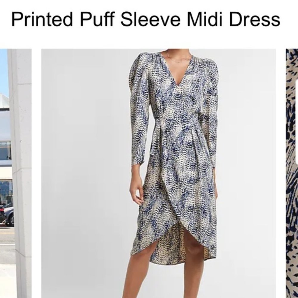 Express printed puff sleeve faux wrap dress